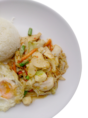Vegetarian Food with Fried Vegetables and Tofu on white dish, Healthy foodの写真素材