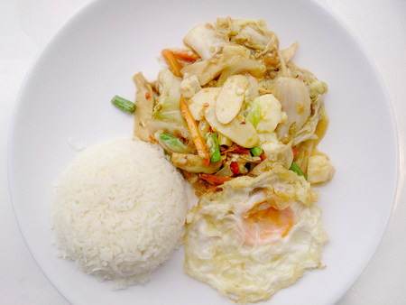 Vegetarian Food with Fried Vegetables and Tofu on white dish, Healthy foodの写真素材