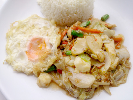 Vegetarian Food with Fried Vegetables and Tofu on white dish, Healthy foodの写真素材