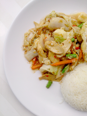 Vegetarian Food with Fried Vegetables and Tofu on white dish, Healthy foodの写真素材