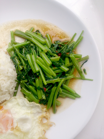 Food Thai in Asian, Stir Fried Water Spinach with rice on white plate,  Vegetarian Food, healthy foodの写真素材