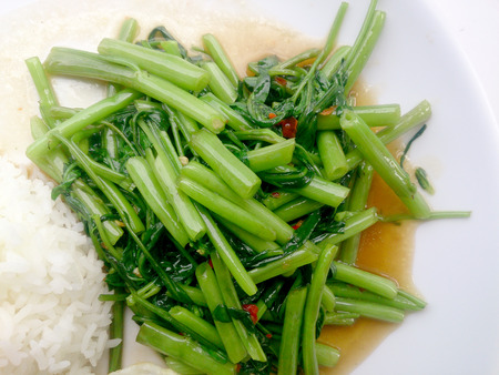 Food Thai in Asian, Stir Fried Water Spinach with rice on white plate,  Vegetarian Food, healthy foodの写真素材