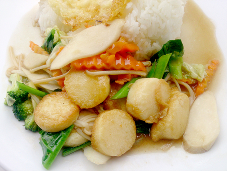 Stir Fried Tofu in Chinese Style,Deep Fried Tofu with Gravy Sauce ,Stir fried tofu with  mixed vegetables in white plate on white background. Vegetarian Food, healthy food.の写真素材