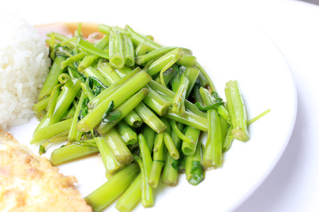 Stir-Fried Chinese Morning Glory, Water Spinach, Tumis Kangkung, stir fried morning glory .phad puk boong fri dang. thai food.の写真素材