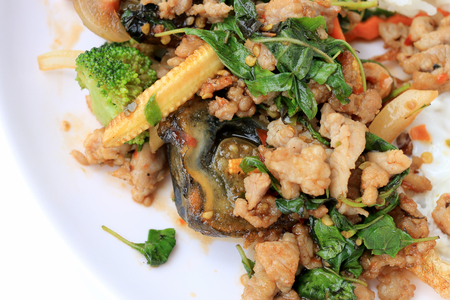 Stir-fried basil leave with minced pork, chicken, fried preserved egg and carrot, yellow corn, Broccoli with rice and fried egg in white dish on white background. Thai style food.の写真素材