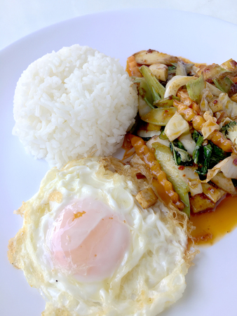 Homemade mini tofu stir fry, vegetables and chili paste with rice and fried egg in white dish on white background for celebrate Chinese new year festival. Healthy & Vegetarian  food. Thai style.の写真素材