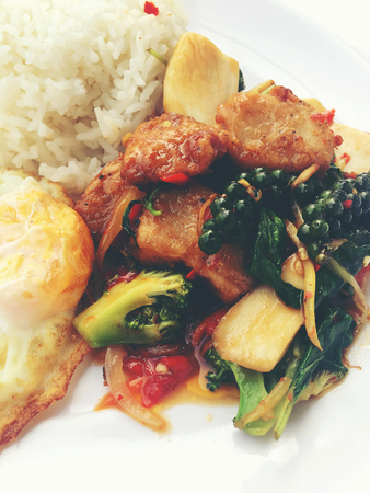 Spicy Stir Fried Fish Fillet with Thai herb with rice and fried egg in white dish on white background. vintage tone color.の写真素材