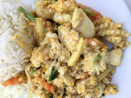 Stir-fried seafood, prawn and squid with yellow curry powder with rice and fried egg in white plate on white background. Thai style food.の写真素材