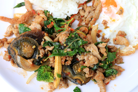 Stir-fried basil leave with minced pork, chicken, fried preserved egg and carrot, yellow corn, Broccoli with rice and fried egg in white dish on white background. Thai style food.の写真素材