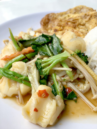 Stir vegetables with Tofu in chinese style with gravy Sauce and thai style omelet with rice in white plate on background. Vegetarian Food, healthy food.の写真素材