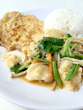 Stir vegetables with Tofu in chinese style with gravy Sauce and thai style omelet with rice in white plate on background. Vegetarian Food, healthy food.の写真素材