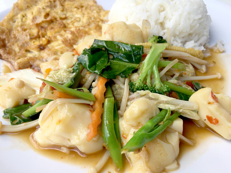 Stir vegetables with Tofu in chinese style with gravy Sauce and thai style omelet with rice in white plate on background. Vegetarian Food, healthy food.の写真素材