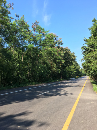 Beautiful local asphalt road way to the natural in rainy season with trees forest, blue sky and mountains in the backgrounds in the north of Thailand.の写真素材