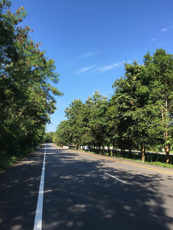 Beautiful local asphalt road way to the natural in rainy season with trees forest, blue sky and mountains in the backgrounds in the north of Thailand.の写真素材