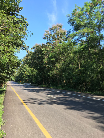 Beautiful local asphalt road way to the natural in rainy season with trees forest, blue sky and mountains in the backgrounds in the north of Thailand.の写真素材