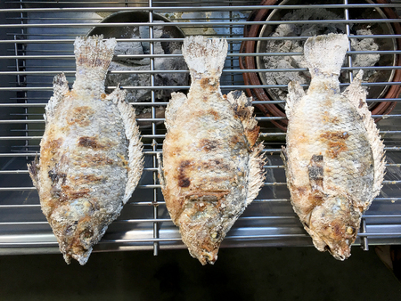 Cooking the Red tilapia grilled with salt and herb inside on the stove. Thai local food Salted grilled fish , One of a popular food in Thai street food marketの写真素材