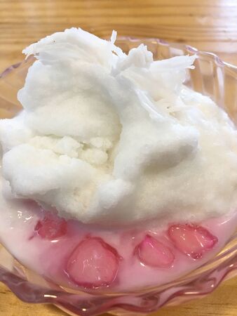 Crispy ruby for coconut milk, Mock Pomegranate in Coconut Syrup with ice cream in small blow on wooden table.Thai dessert Crispy Ruby in Market,Thai desserts is called "Tab Tim Grob"の写真素材