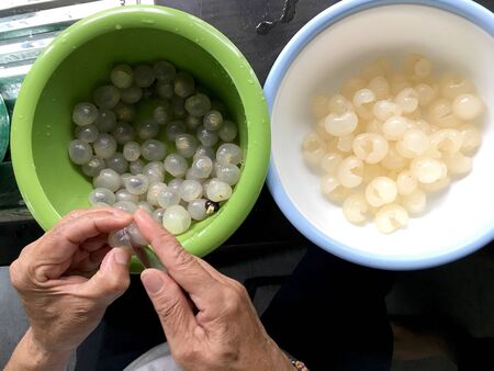 Hand of woman is fresh peel longan fruit or dimocarpus longan from small knife for remove skin from longan bark in a blow at the kitchen. Thai and Exotic fruit. Cooking Conceptの写真素材