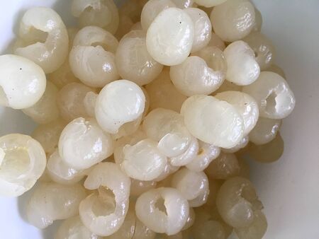 Fresh Longan, Dimocarpus longan meat was removed from longan bark in a white blow, Thai fruit. cooking concept.の写真素材