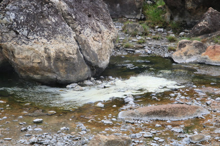 Algae in Hot Springs and fog in Chae Son National Park, Lampang, Thailand, Natural Mineral Water.の写真素材