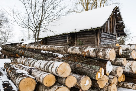 timber for construction of the house is near a ramshackle hut, winter periodの写真素材