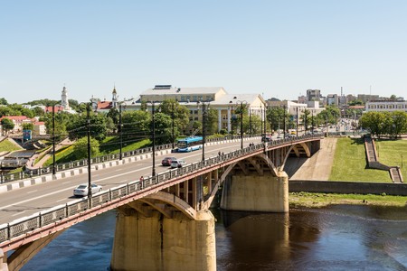 BELARUS, VITEBSK - May 21, 2018: Kirov Bridge and Drama Theater named after Yakub Kolasのeditorial素材