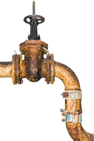 old rusty metal pipe with valve on a white backgroundの写真素材
