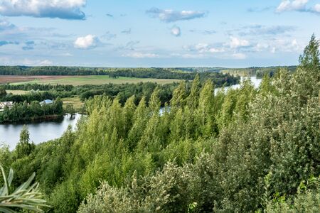 view of the blue river from the top through the trees and shrubs, cloudy summer day