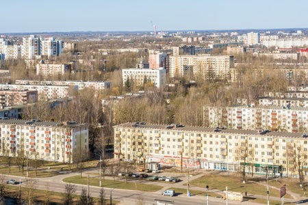 Vitebsk / Belarus - April 2020: View of the house and street in a residential area in Vitebsk, Belarus. Spring morning with clear blue skyのeditorial素材