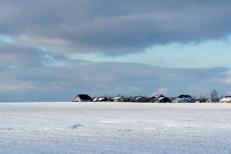 Snowy field with rare dry tava. On the horizon are the houses of a small village. Blue sky with a strip of clouds. Nature landscape backgroundの写真素材