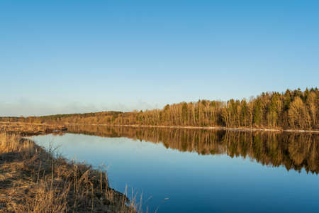 Blue deep river with clear skies reflecting. Forest and dry grass on the banks of the river. Spring...