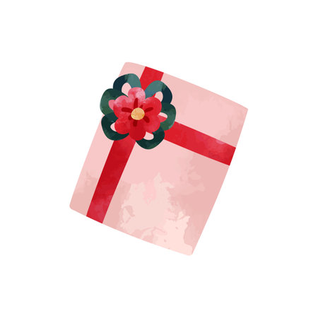 Watercolor gift box with a red bow on a white background.のイラスト素材
