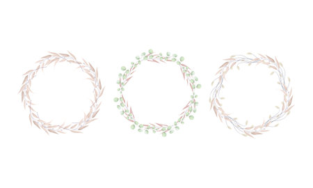 Set of floral wreaths. Hand drawn vector illustration isolated on white background.のイラスト素材