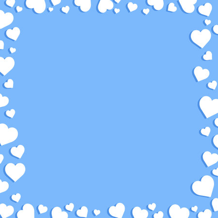 White heart love confettis. Valentine's day falling rain corner. Falling stitched paper hearts confetti on blue background. Extraordinary vector illustration.のイラスト素材