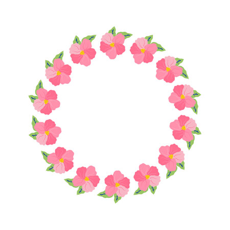Round frame with pink hibiscus flowers. Vector illustration.のイラスト素材