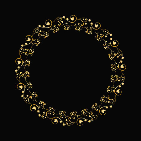 Golden round frame with swirls on black background. Vector illustration.のイラスト素材