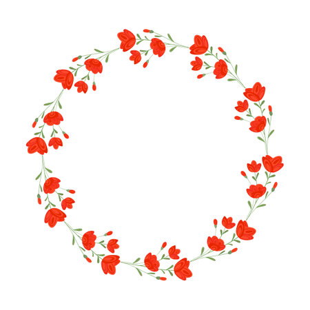Round frame with red flowers on a white background. Vector illustration.のイラスト素材