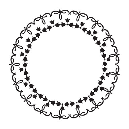 Black and white round frame with flowers. Copy space. Vector clip art.のイラスト素材