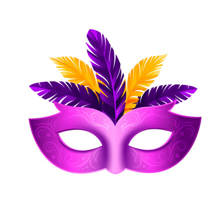 Purple carnival mask with feathers. Vector illustration isolated on white background.のイラスト素材