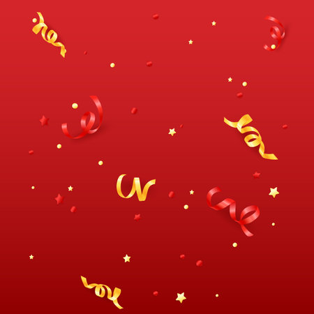 Red background with golden confetti and ribbons. Vector illustration.のイラスト素材