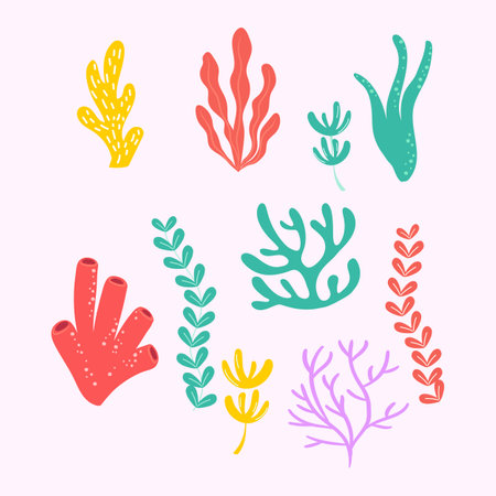 Set of hand drawn seaweeds. Vector illustration in doodle style.のイラスト素材