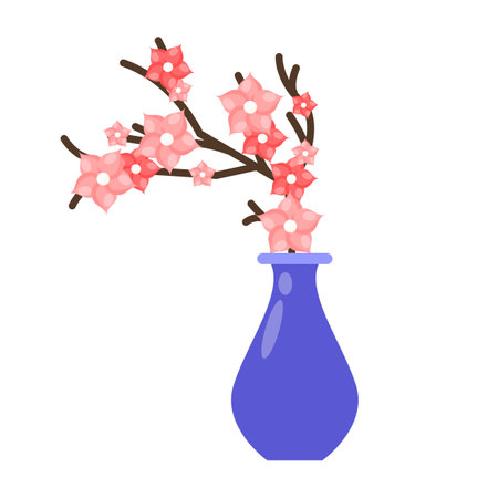 Cherry blossom in vase isolated on white background. Vector illustration.のイラスト素材