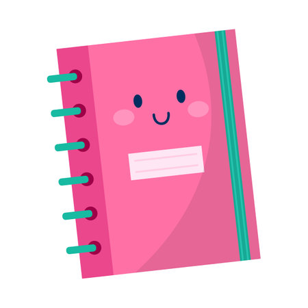 Cute pink notebook with smiling face vector Illustration on a white backgroundのイラスト素材