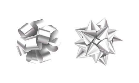 Silver gift bows set isolated on white background. Vector realistic illustration.のイラスト素材
