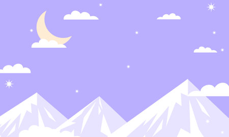 Mountain landscape with crescent moon and stars. Cartoon vector illustration.のイラスト素材