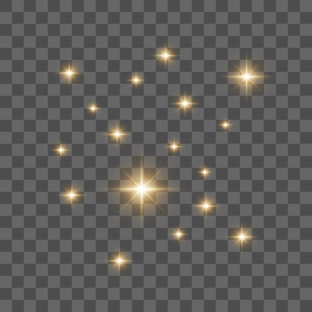 White sparks and golden stars shine with special light. Vector sparkles on a transparent background. Christmas light effect. Sparkling magical dust particles.のイラスト素材