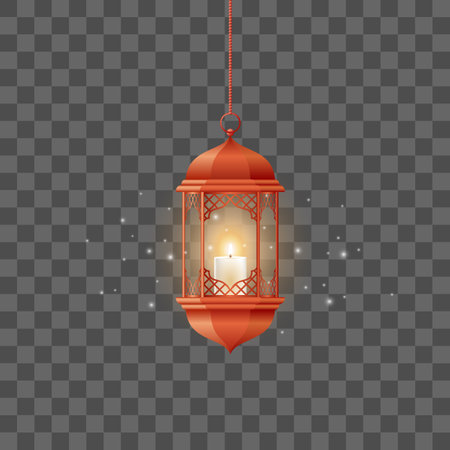 Arabic lantern with burning candle isolated on transparent background. Vector illustration.のイラスト素材