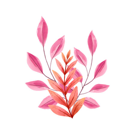 Watercolor floral composition with hand drawn pink leaves and branches on white backgroundのイラスト素材