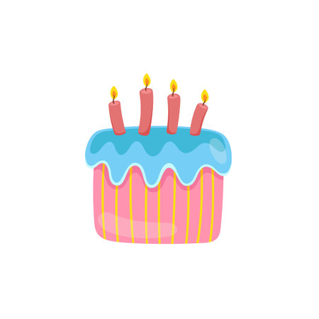 Birthday cake icon in flat color style. Cake with burning candles