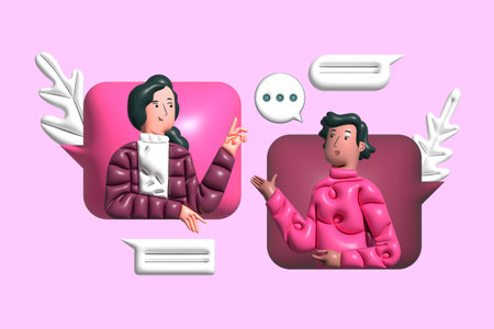 Social media influencer concept with 3d illustration of man and woman talking together.